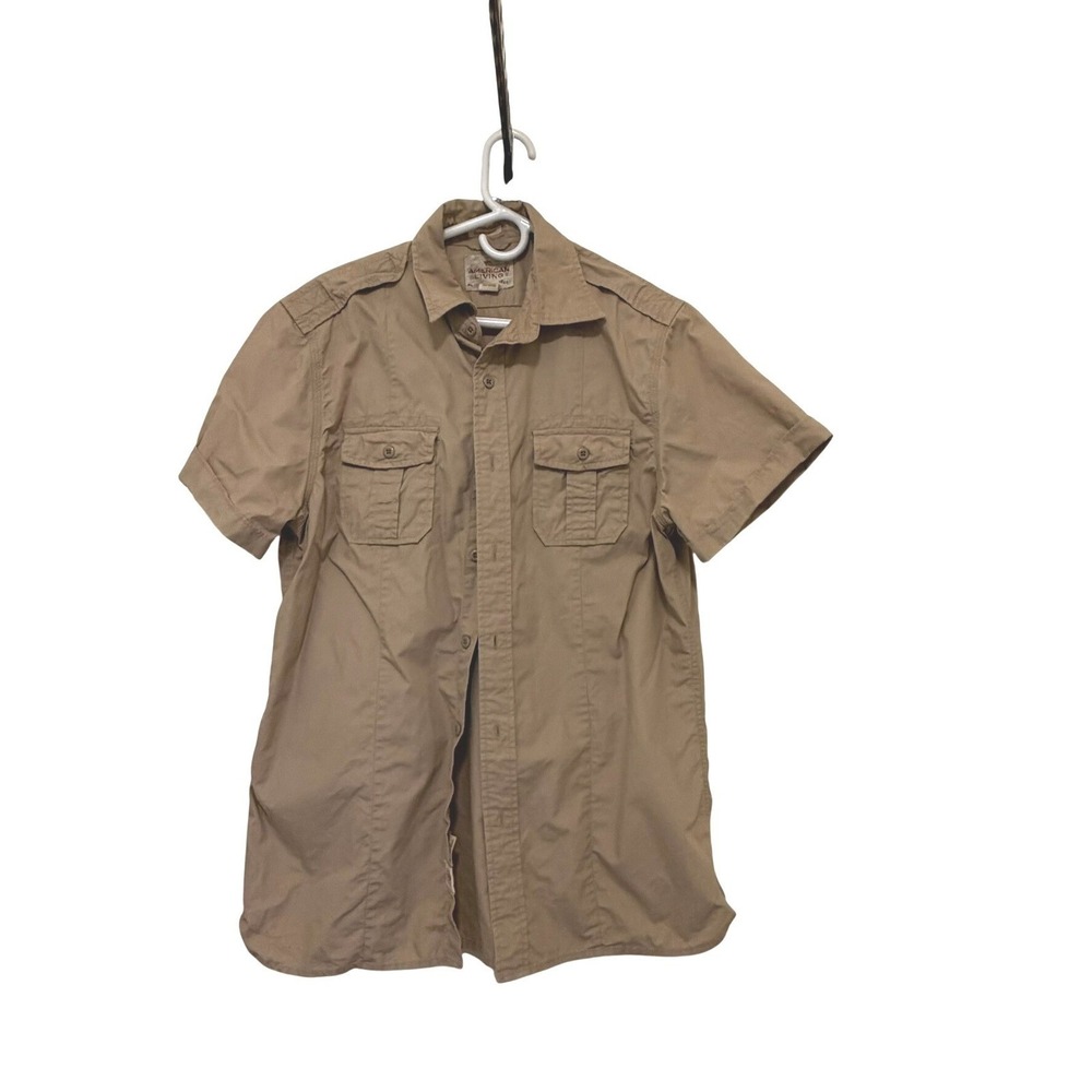 American Living Utility Shirt Mens Large Khaki Tan Short Sleeve Cotton Epaulets